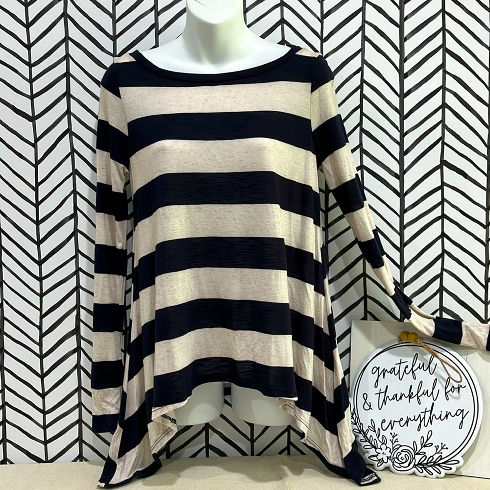 NWT Gorgeous Cream and Blue Striped Long Sleeve Scoop Neck Top, Sz. Juniors Lg.